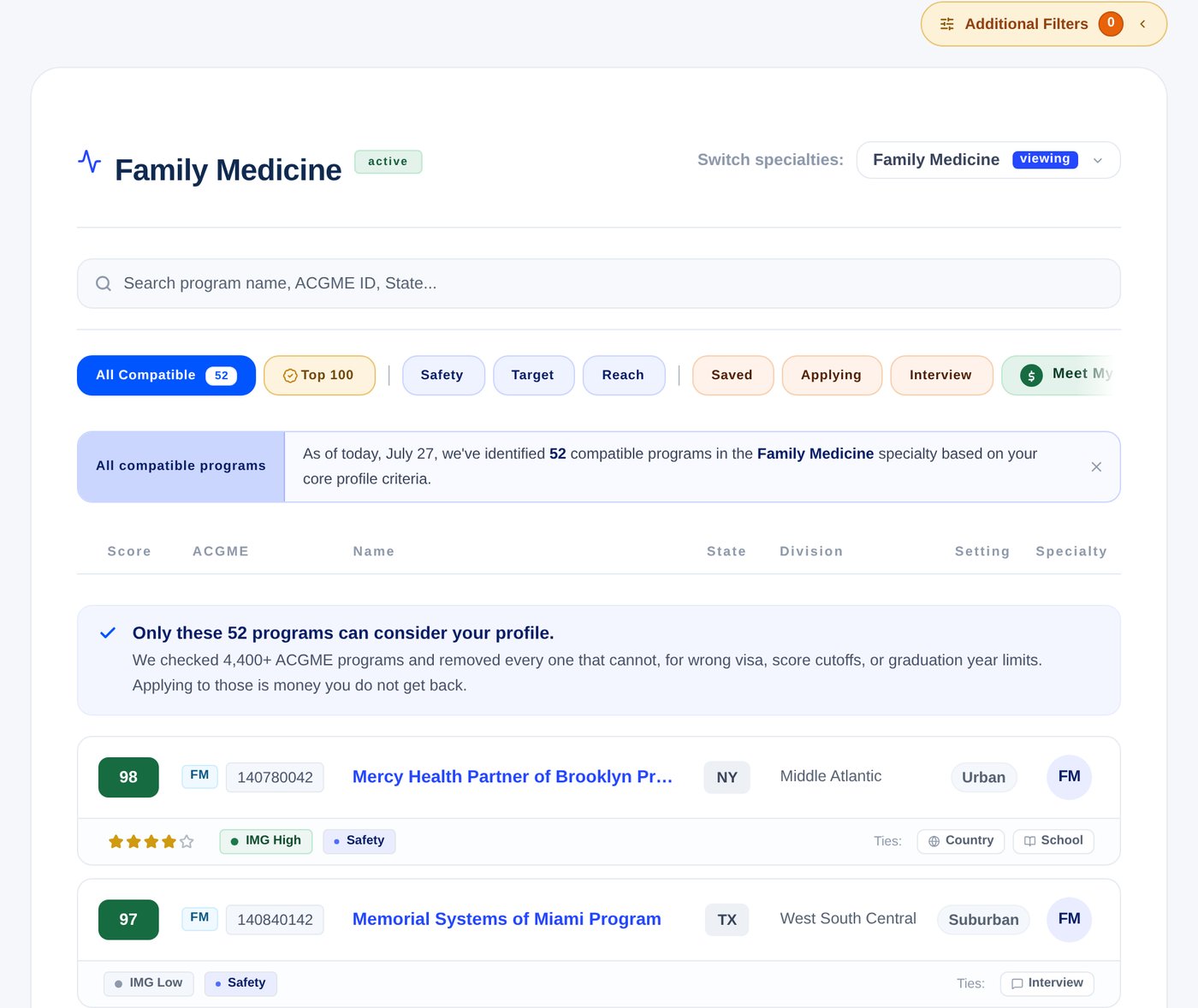 Residency List interface