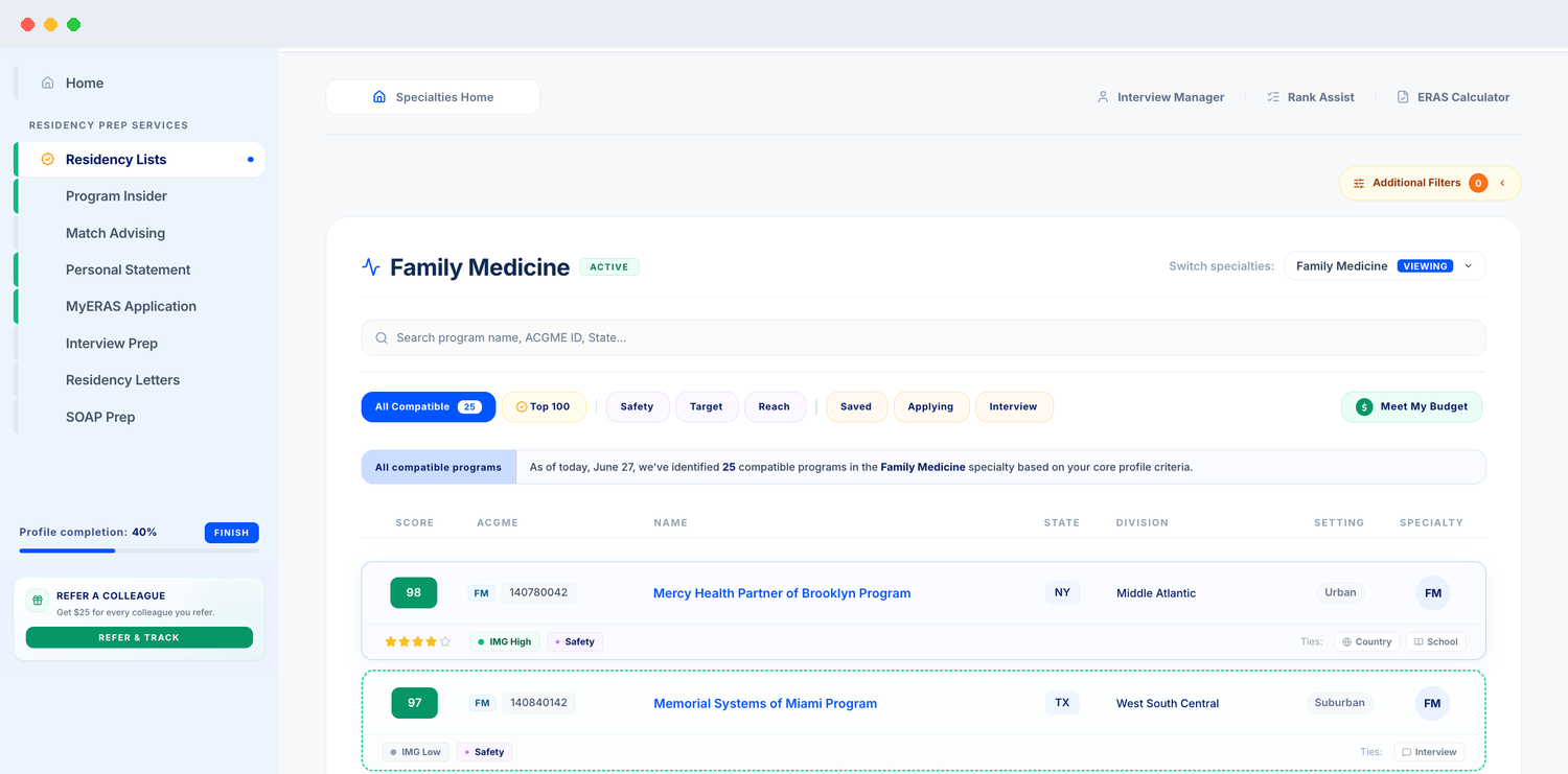 Residency List screenshot showing program compatibility scores and filters